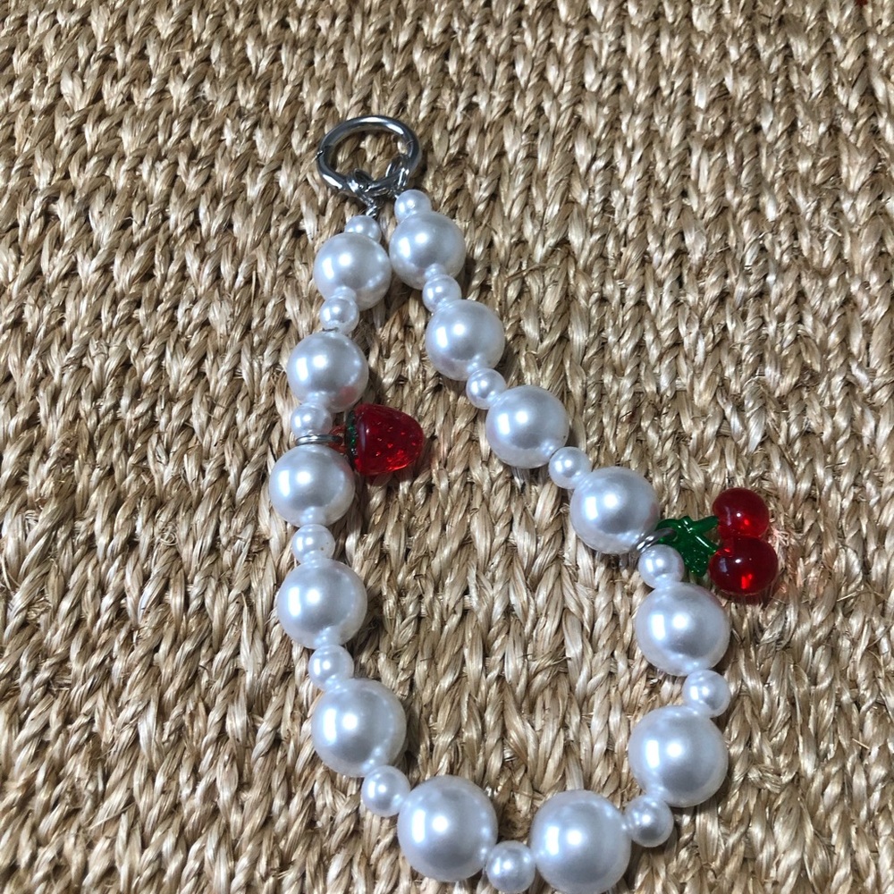 Elegant Pearl bag charm with Cherry and strawberry Charm